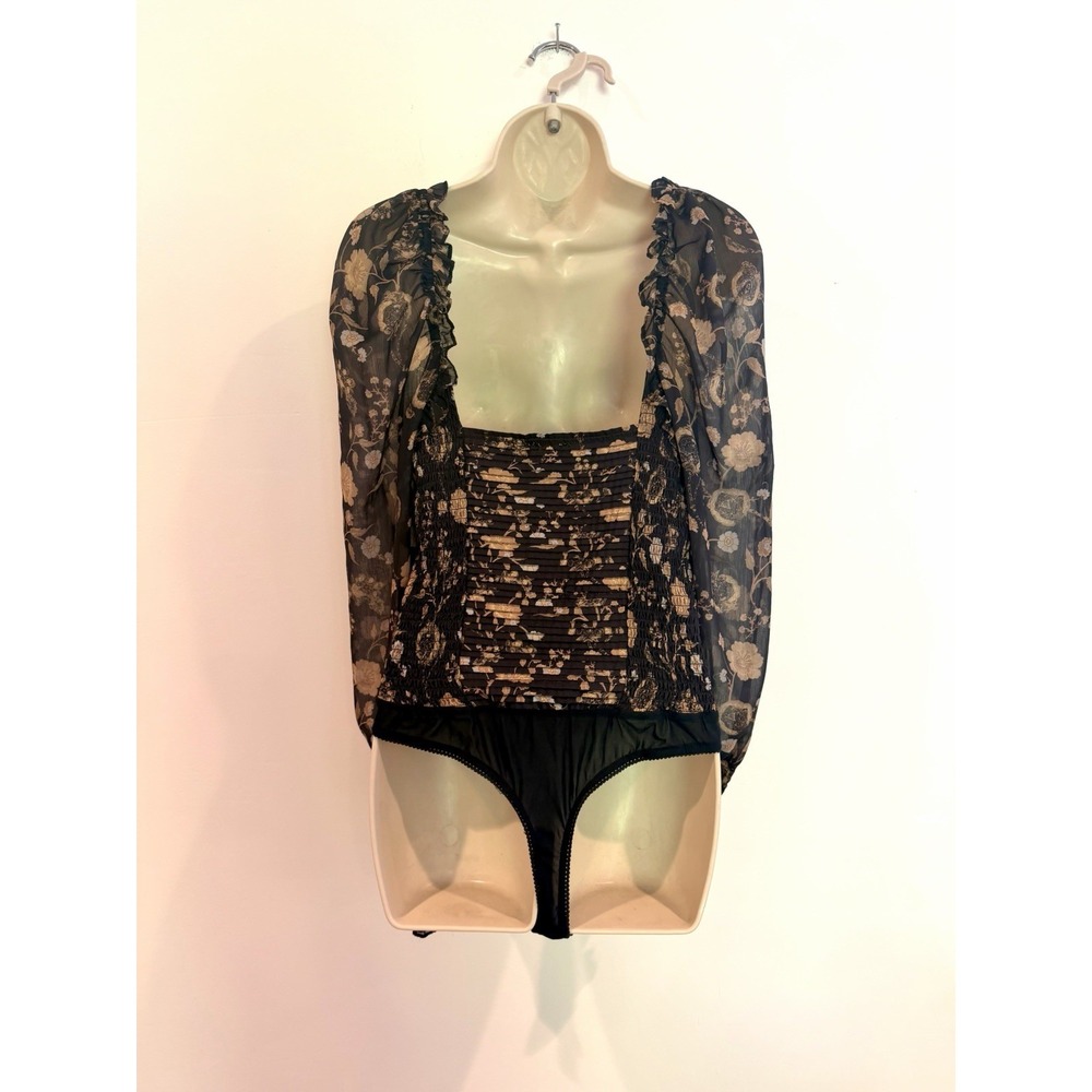Free People Bodysuit Black Floral Bustier Neckline Long Sleeves Romantic Sz M - Picture 6 of 9